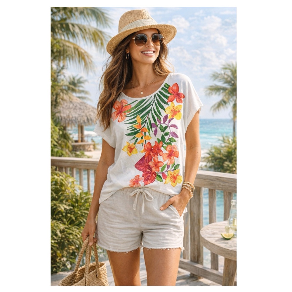 TOMMY BAHAMA Hawaiian Floral Short Sleeve Graphic Tee Cotton Modal White Sz L